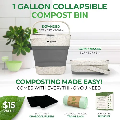 Miniatura 2 de AIRNEX Contenedor de Compost Plegable para Mostrador de Cocina - Contenedor de Compost de Mostrador de 1 Galón con Tapa Hecho de Paja de Trigo - Gris