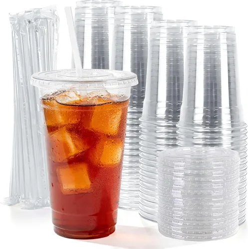 Miniatura 14 de Astomi Vasos de plástico desechables de 10 onzas, tazas de café helado transparentes con tapas y pajitas, vasos de plástico resistentes y seguros