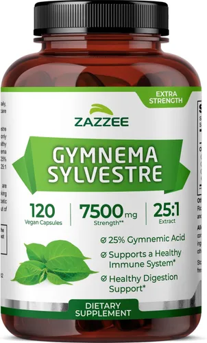 Zazzee Extracto orgánico de Gymnema Sylvestre 25:1, 7500 mg de potencia, 25% de ácido giménezico, 120 cápsulas veganas, suministro de 4 meses,