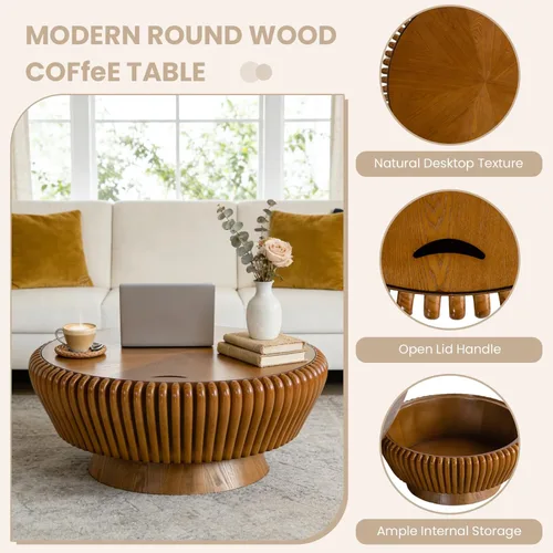 Miniatura 4 de Mesa auxiliar redonda con almacenamiento, mesa de centro moderna de tambor de madera de 35.4 pulgadas con cubierta, mesa central circular acanalada