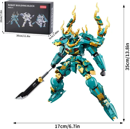 Miniatura 2 de CSNRHG Green Dargon Samurai mech Robot con modelo de lanza larga, bloques de construcción, juego de juguetes de cumpleaños mítico para niños mayores