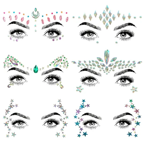 Miniatura 13 de Adhesivos de gemas para la cara de sirena con purpurina, diamantes de imitación para festival, joyas, cristales para la cara, ojos y cuerpo, 6