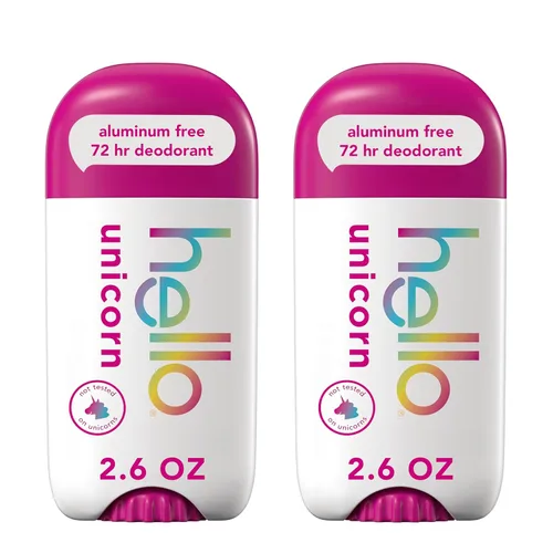 hello Unicorn Desodorante libre de aluminio para mujeres, niñas, seguro para niños, dermatológicamente probado, fragancia natural, paquete de 2