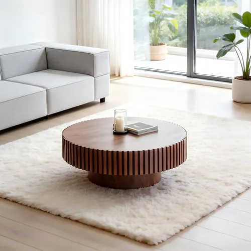 Miniatura 6 de Mesa de centro moderna de madera redonda acanalada, Ø31.5 x 13.8 pulgadas de alto, espacio pequeño, color marrón, tambor circular, centro estriado
