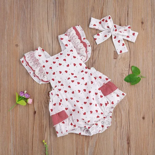 Miniatura 3 de Mono para bebé niña de San Valentín con mangas sin espalda y estampado de corazón con diadema
