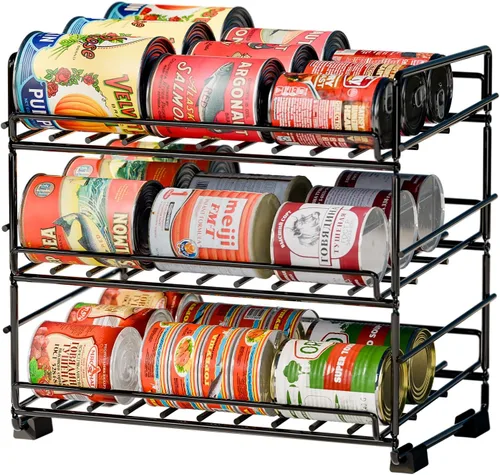 SUFAUY Organizador de latas de 3 niveles para despensa, con capacidad para 36 latas, estantes de metal resistente para almacenamiento, color negro