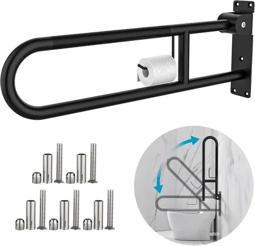 Miniatura 14 de Munzong - Barra de agarre para inodoro en forma de U de 32 pulgadas, riel de soporte antideslizante blanco, barra de agarre abatible para baño