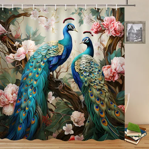 Cortinas de ducha de pavo real, color azul, hermoso pájaro, flor rosa, dos pavos reales, patrón de paisaje, decoración de baño, juego de cortinas de