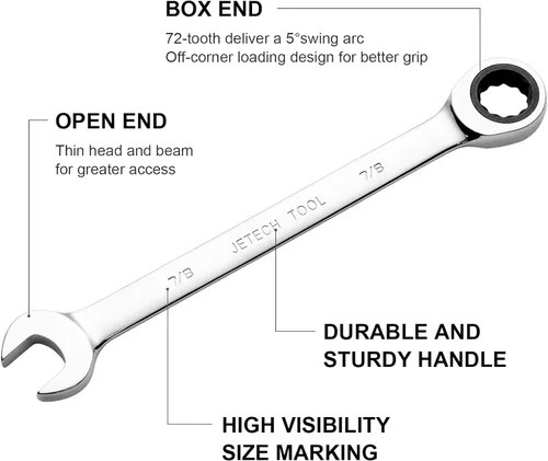 Miniatura 2 de Jetech Llave combinada de trinquete de 7/8 pulgadas, llave de engranajes reversible de 72 dientes con extremo de caja de 12 puntos, acero al cromo