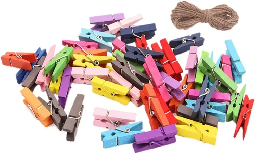 Miniatura 10 de Alfileres de madera para ropa, 100 piezas de color madera de 1.3 pulgadas (1.4 in) pequeños clips de madera con cordel de yute de 33 pies para clips