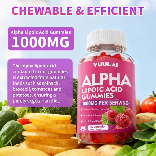 Miniatura 4 de Gomitas de ácido alfa lipoico de 1000 mg con biotina, suplemento de ALA masticable de alta absorción para antioxidantes, salud cerebral y apoyo