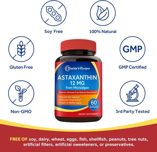 Miniatura 4 de Doctor's Recipes Astaxantina 12 mg, de microalgas frescas de primera calidad, máxima fuerza, sin gluten, sin OMG, apoya la salud de la piel