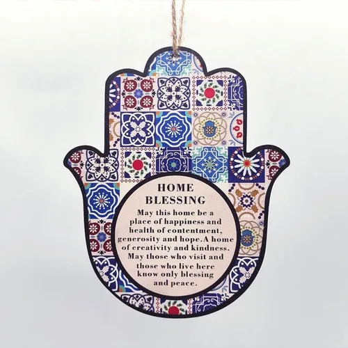 Miniatura 5 de ArancioneandQ Hamsa Good Luck Home Blessing - Amuleto de protección contra el mal de ojo azul oriental para colgar en la pared (English Blessing)