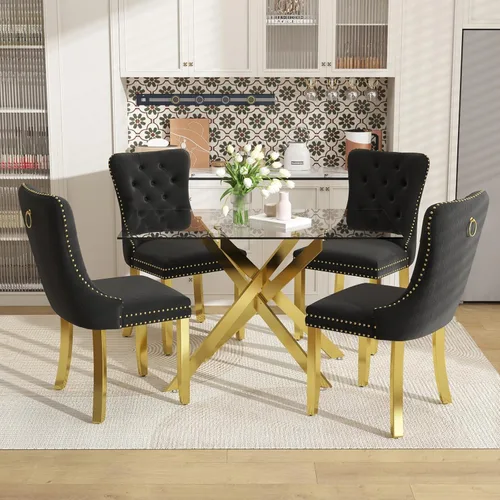 Miniatura 26 de Juego de mesa de comedor de 51 pulgadas de vidrio para 4, mesa de cocina rectangular de vidrio con 4 sillas tapizadas con acentos de terciopelo