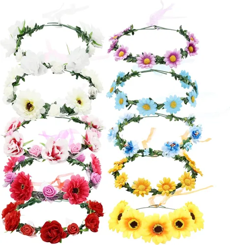 Lawie Paquete de 10 coronas bohemias de girasol, margaritas, rosas, coronas de hojas florales con cinta de halo, diademas para el cabello, diadema