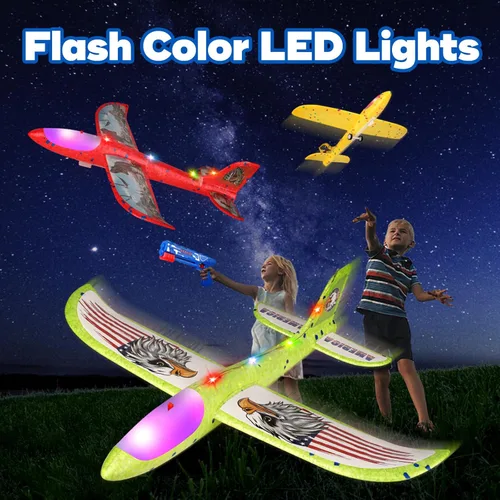 Miniatura 6 de Paquete de 3 juguetes de avión lanzador para niños, avión planeador de espuma LED de 12.6 pulgadas, 2 aviones catapulta con modo de vuelo, juguetes