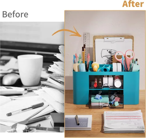 Miniatura 7 de Marbrasse Organizador de bolígrafos con 2 cajones, portaplumas multifuncional para escritorio, organizadores de escritorio y accesorios con 5
