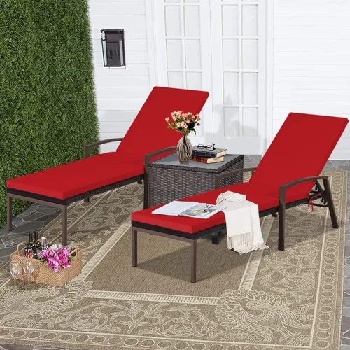 Miniatura 9 de RELAX4LIFE Tumbona para exteriores, silla de piscina de ratán ajustable de 5 posiciones con cojín, silla reclinable, marco de metal, tumbona de Rojo