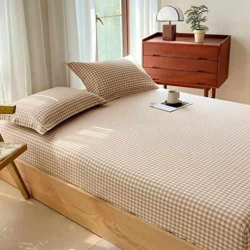 Miniatura 9 de Sábana bajera ajustable de algodón lavado 100% en color topo con diseño Gingham para cama queen, con bolsillo profundo de 15 pulgadas, sábana bajera