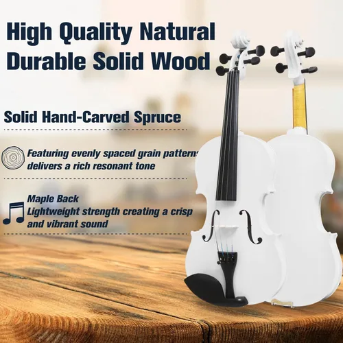 Miniatura 5 de Violín Mendini de madera sólida, libro de lecciones, cuerdas extra, sintonizador violín, arco y estuche, Blanco