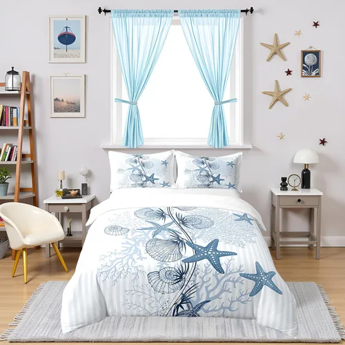 100% Algodón Natural Acuarela Juego de Ropa de Cama con Diseño Marino para Niños y Niñas, Juego de Cama con Estrella de Mar y Caracol Azul, Juego de