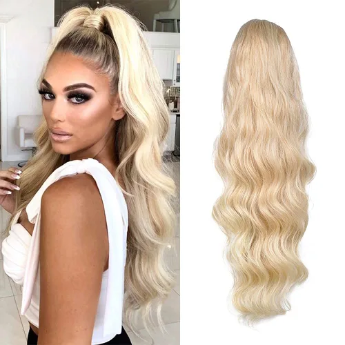 Miniatura 7 de KETHBE Extensión de pelo para cola de caballo de 24 pulgadas con onda corporal, sintética, resistente al calor, con cordón envolvente, rizada