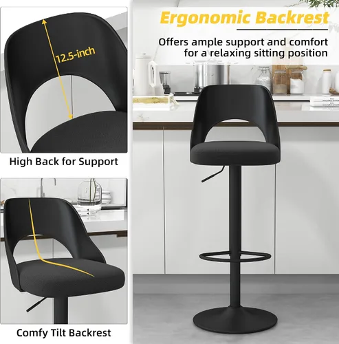Miniatura 3 de civama Juego de 2 taburetes de bar para encimera de cocina, altura del asiento ajustable de 25 a 33 pulgadas, sillas de isla giratorias tapizadas