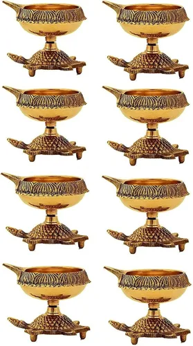 Miniatura 8 de SATVIK - Juego de 4 piezas de tortuga Kuber de latón Lámpara de aceite de latón virgen tradicional hecha a mano con grabado dorado para Puja