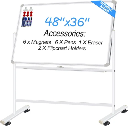 Miniatura 9 de Pizarra de borrado en seco con soporte, 40 x 28 pulgadas, pizarra blanca móvil de doble cara sobre ruedas, pizarra blanca rodante para el hogar