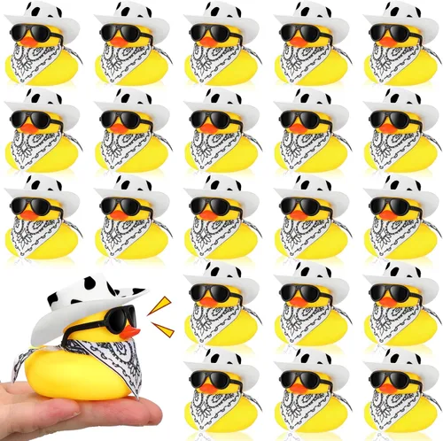 Sosation Juego de 24 mini patos amarillos de goma para bañera con sombrero de vaquero, pañuelos de cachemira, gafas de sol para fiesta de cumpleaños