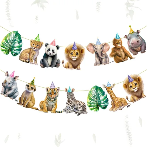 Miniatura 2 de Pancarta de animales de safari, 2 unidades, banderines recortados para fiesta de selva, carteles colgantes con temática de safari, decoraciones