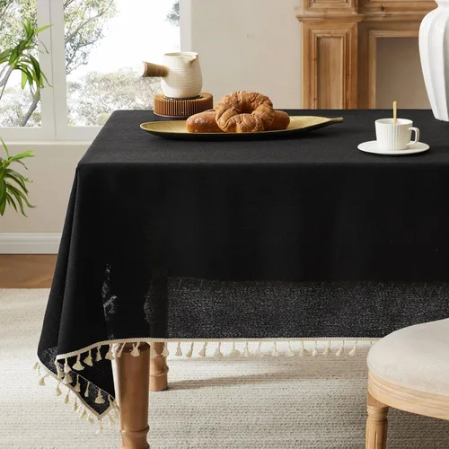 Miniatura 21 de Mantel de lino para mesa cuadrada, 52 x 52 pulgadas, color negro, mantel negro estilo granja, manteles de arpillera resistentes al agua para mesa