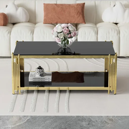 Miniatura 8 de Mesa de centro de cristal negro de 43 pulgadas, mesa moderna para sala de estar, acero inoxidable dorado, patas de metal, rectangular, de vidrio