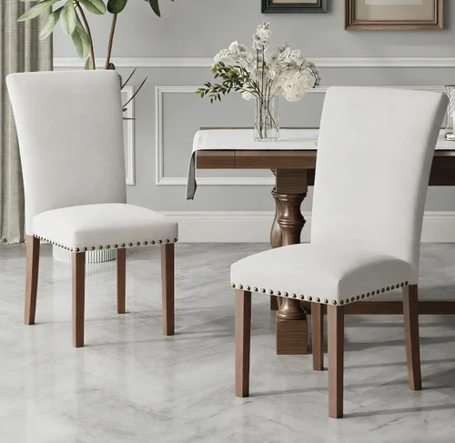 Juego de 2 sillas tapizadas color beige para comedor – Sillas de cocina estilo granja con respaldo alto, patas de caucho sólido, asiento de espuma