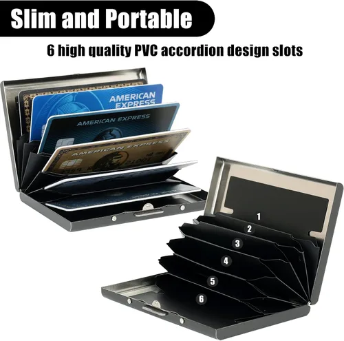 Miniatura 90 de BONSYL® Soporte para tarjetas de crédito, cartera delgada de metal con bloqueo RFID, con 6 ranuras para tarjetas, para mujeres y hombres.