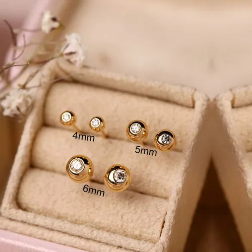 Miniatura 2 de Aretes de bola de oro para mujer, aretes de circonita cúbica de oro de 14 quilates, hipoalergénicos, sin níquel