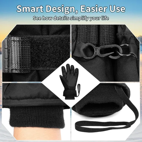 Miniatura 4 de Guantes de esquí, impermeables, compatibles con pantalla táctil, relleno de 3M EC120, cuerda antipérdida para padres e hijos