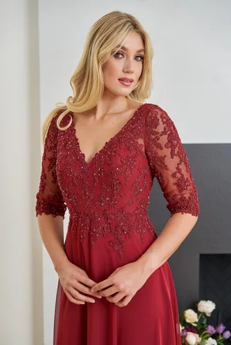 Miniatura 3 de Women's V Neck Lace Appliques Mother of The Bride Dress with Sleeves Slit Long Formal Party Gowns