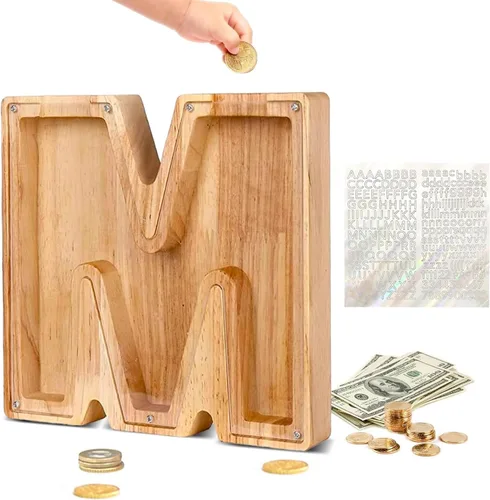 Miniatura 13 de Alcancía de Madera Personalizada con Letras del Alfabeto, Banco de Monedas con Letras del Alfabeto para Niños, Niñas y Bebés, Tamaño Grande, 26