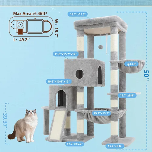 Miniatura 2 de Hey-brother Torre de árbol para gatos, postes rascadores con plataforma grande, 2 condominios, hamaca espaciosa, cesta acogedora, tabla de sisal