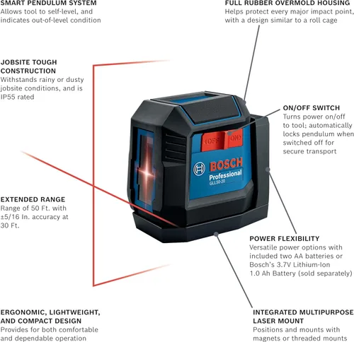 Miniatura 2 de Bosch GLL50-20 - Láser autonivelante de línea cruzada de 50 pies, incluye soporte magnético integrado y 2 pilas AA