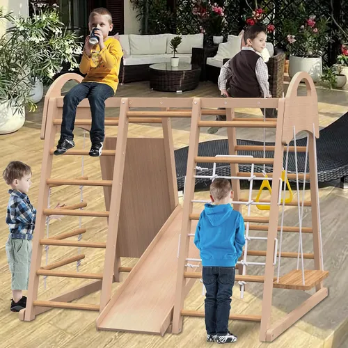 Miniatura 2 de Juego de gimnasio 7 en 1 para interiores, escalador Montessori con tobogán, pared de escalada, escalador de pared de cuerda, barras de mono