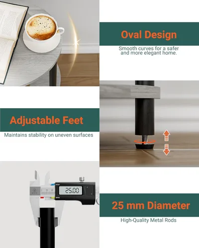 Miniatura 3 de Mesa auxiliar redonda pequeña - Mesa decorativa ovalada de 3 niveles para espacios pequeños, mesa auxiliar de sofá de madera rústica y metal, mesita