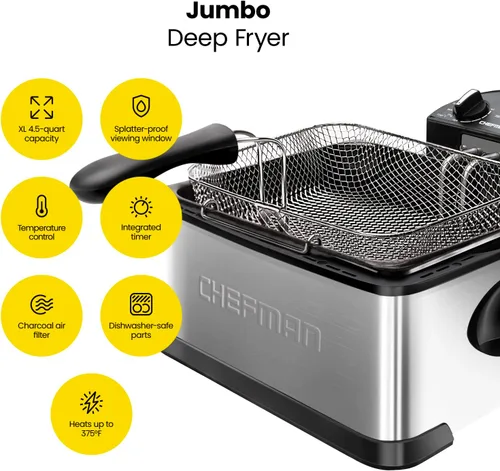 Miniatura 8 de Chefman - Freidora de 4.5 litros con colador de canasta, tamaño extragrande, temperatura y temporizador ajustables, perfecta para pollo frito