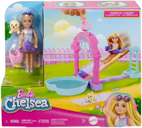 Miniatura 6 de Barbie HTK39 Juego de tobogán acuático arcoíris con muñeca Chelsea y cachorro, altura 7.9 in, accesorios incluidos, juguete para niños, a partir