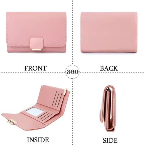Miniatura 2 de Cartera pequeña para mujer, tarjetero de piel sintética, bloqueo RFID, con triple pliegue, sobre con cremallera, monedero, rosa ( B - Pink ), Moda