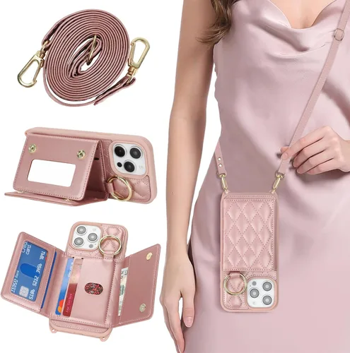 Miniatura 35 de Funda para iPhone 14 Plus con tarjetero y correa para mujer, cordón cruzado, espejo de maquillaje, soporte de anillo, cierre a presión, bonitas Rosa