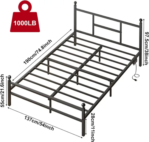 Miniatura 2 de Fixwal Base de cama de tamaño matrimonial con estación de carga, marco de cama de metal con puerto y toma de corriente