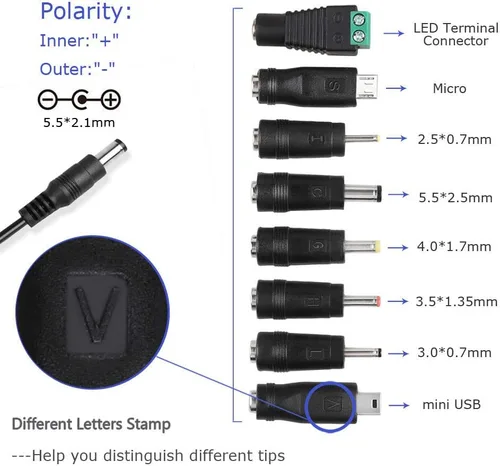 Miniatura 4 de Cargador universal de cable de alimentación de CA CC 5 V 1A 2A/2000 mA con 8 puntas de enchufe variables