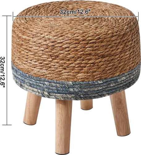 Miniatura 3 de YMYNY Taburete para pies, tejido de mano natural de algas marinas, 12.6 pulgadas, natural+azul HBD027Q Otomana pequeña, reposapiés redondo, patas